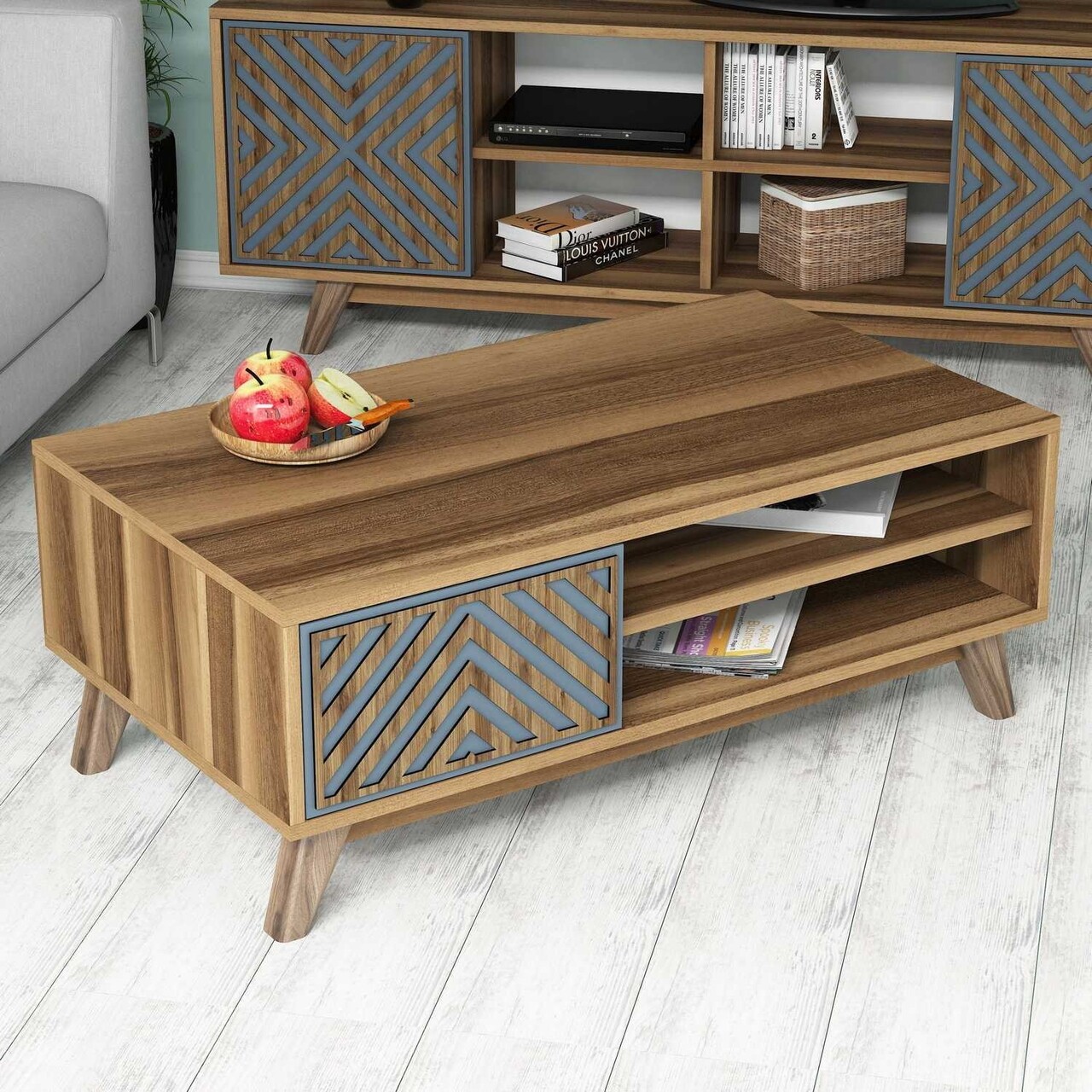 Masuta de cafea İnci Walnut, Hommy Craft, 105x60x38,2 cm, aluna/albastru - imagine 5